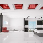 Interior of modern white red black bedroom panorama 3d render